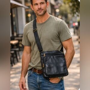 Clarks Black Leather Messenger Crossbody Bag with Brass Hardware